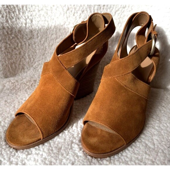 Marc Fisher Suede Sandals Womens 8 US Strappy Block Heel Brown Open Toe Booties - Picture 2 of 13